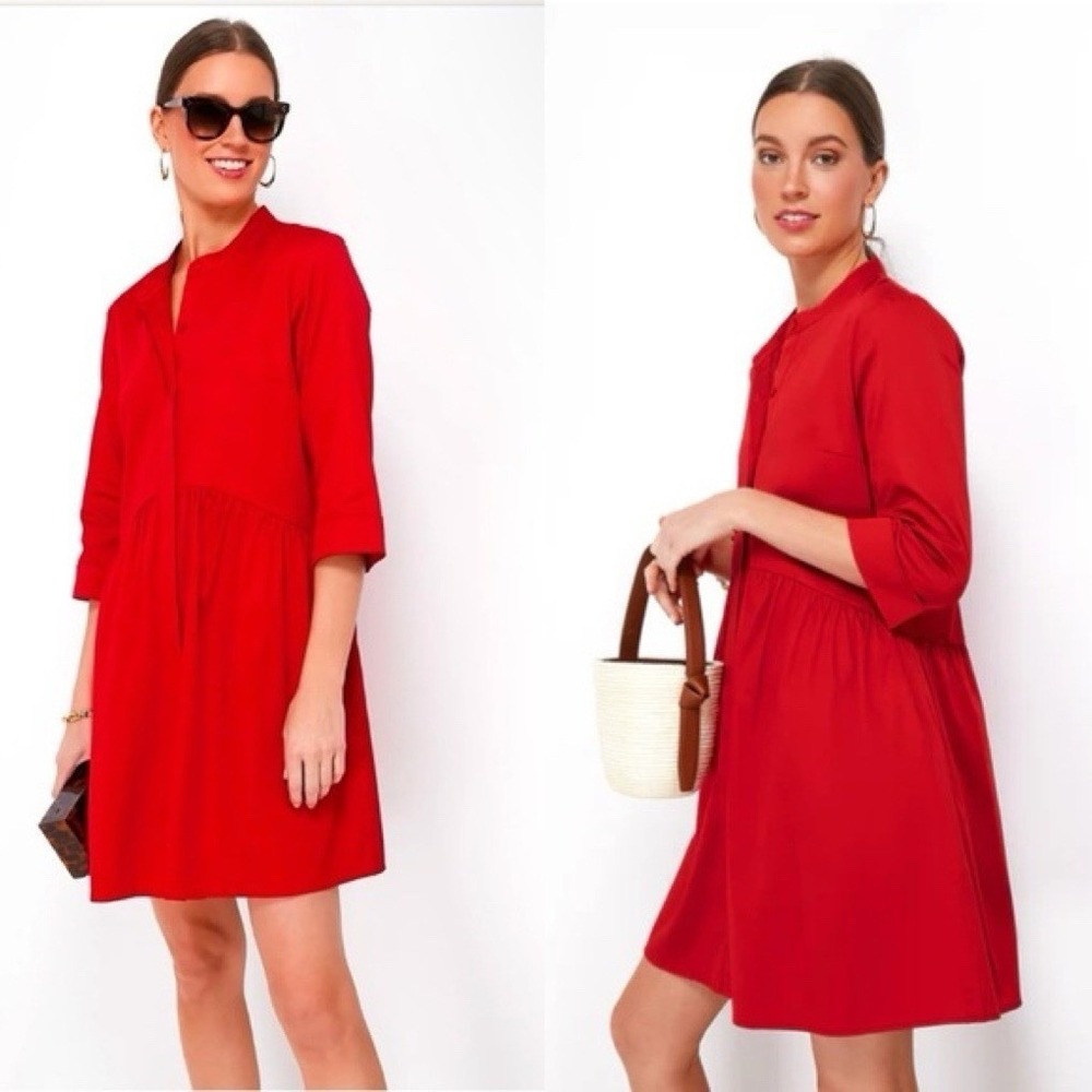 Tuckernuck Fiery Red Royal Shirt Dress Size XS 3/4 Sleeve Button Preppy